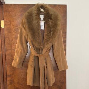 Women's Faux Fur Collar Camel Coat
